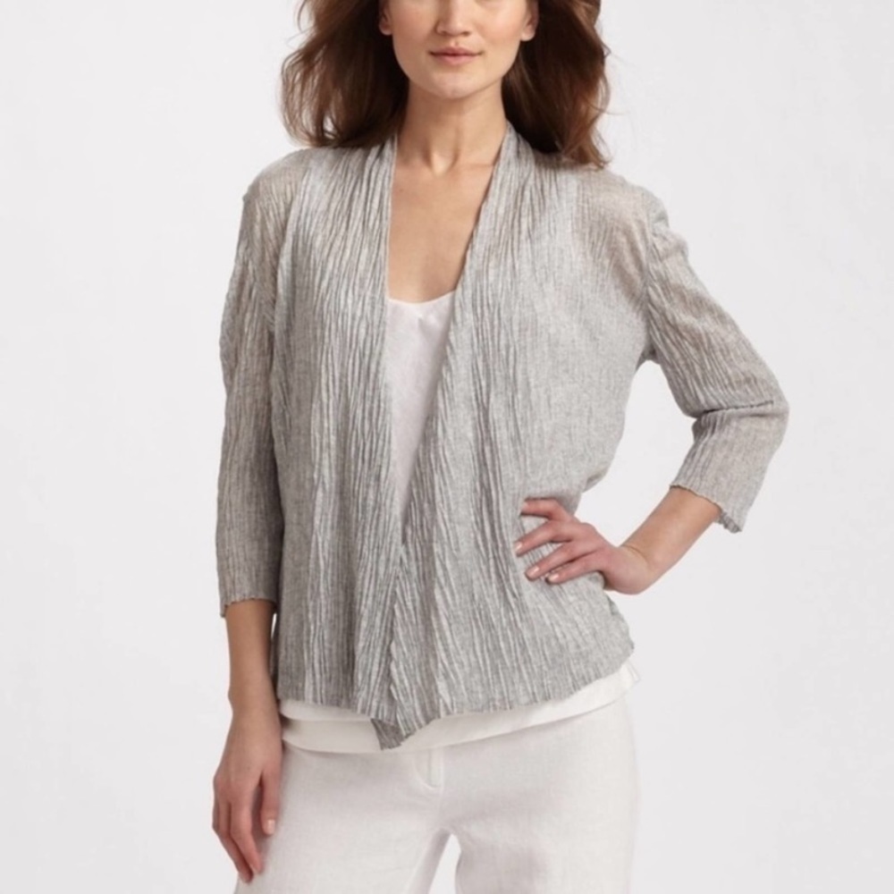 Eileen Fisher Pressed Crinkle Simple Cardigan Open Front Draped Grey Size Medium